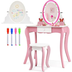 Costway - 2 en 1 Coiffeuse Enfants avec Tabouret & Tiroir, Table de Maquillage avec Miroir Rotatif à 360° et Double Face, 4 Marqueurs, Dispositif