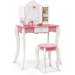 Costway - 2 en 1 Coiffeuse Enfants avec Tabouret & Miroir Amovible à 3 Volets, Table de Maquillage avec Tiroir & Dispositif Anti-basculement, Charge