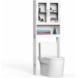 Costway - Meuble wc au-Dessus de Toilettes en Bois 3 Étagères, Meuble de Rangement avec Doubles Portes Vitrées, 57,5 x 18,5 x 163 cm