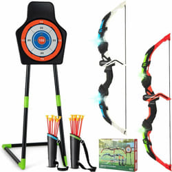 Costway - Arc et Flèche pour Enfants avec Lumières led, Ensemble de Tir à l'arc avec 20 Flèches, 1 Cible Debout/Suspendue et 2 Carquois, Jeu de Tir