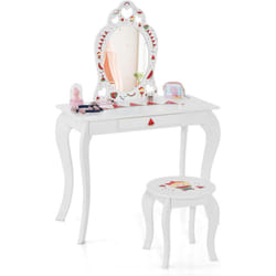 Costway - 2 en 1 Coiffeuse Enfants avec Tabouret & Miroir Princesse Amovible, Table de Maquillage avec Tiroir & Motif de Pastèque, Dispositif