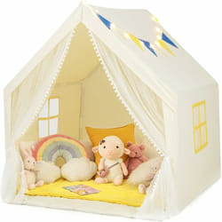Costway - Tente de Jeu Enfants avec Lumières d'Étoiles & Drapeau, Cabane Enfants avec Tapis en Coton & Rideau en Gaze, Poche Latérale, Structure