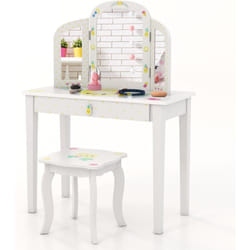 COSTWAY 2 en 1 Coiffeuse Enfants avec Tabouret & Miroir à 3 Volets, Table de Maquillage avec Tiroir & Motif d'Ananas, Dispositif Anti-basculement,