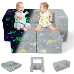 Costway - 5 en 1 Canapé Enfants Lumineux (Brillant dans Le Noir) avec 2 Poufs & Motif de Vaisseau Spatial, Fauteuil Convertible en Tissu avec Poche