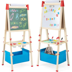 Costway - 3 en 1 Tableau Enfant Double Face en Bois avec Rouleau de Papier & 60 Accessoires, Chevalet Magnétique avec Hauteur Réglable, Plateau & Sac