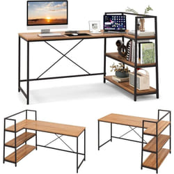 Costway - Bureau d'angle Réversible avec Étagère Rangement, Table Ordinateur en Forme l avec Bibliothèque, Assemblage Facile, Poste de Travail pour