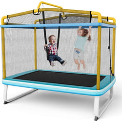 Costway - 3 en 1 Trampoline Extérieur Enfants Rectangulair (190x124cm) avec Balançoire & Barre Horizontale, Trampoline de Jardin avec Filet de