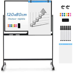 Costway - Tableau Blanc Mobile Magnétique Double Face, 120x80cm, Tableau Réversible Effaçable à Sec, Hauteur Réglable sur 2 Positions, 12 Aimants,