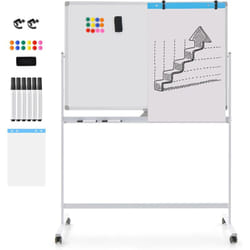 Costway - Tableau Blanc Magnétique Pivotante, 120x80cm, Tableau Blanc sur Pied Effaçable à Sec, Double Face, 2 Hauteurs Réglables, 12 Aimants, 6