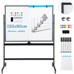 Costway - Tableau Blanc Mobile Magnétique, Double Face Quadrillé, 120x90cm, Tableau Réversible Effaçable à Sec, 2 Hauteurs Réglables, 12 Aimants, 6