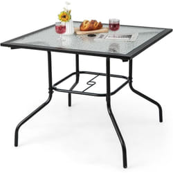 Costway - Table de Jardin en Verre Trempé 89 x 89 cm, Table d'Appoint avec Trou pour Parasol 38 mm, Cadre en Métal Robuste, Table Basse Carrée