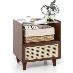 Costway - Table de Chevet avec Tiroir, Table d'Appoint en Bambou avec Plateau en Verre, Design Cannage, Grand Compartiement, Pieds en Bois Massif,
