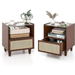 Costway - Table de Chevet avec Tiroir, Table d'Appoint en Bambou avec Plateau en Verre, Design Cannage, Grand Compartiement, Pieds en Bois Massif,