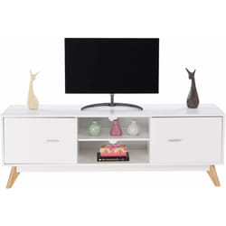 Costway - Banc tv 2 Compartiments 2 Placards, Meuble tv pour Télé Jusqu'à 60 Pouces, 2 Trous de Gestion des Câbles, Pieds en Bois Massif, pour Salon,
