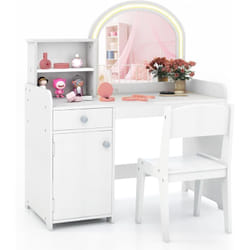 COSTWAY 2 en 1 Bureau Enfants avec Chaise & 120 Lumières LED, Coiffeuse Enfants Fille avec Miroir Acrylique, 2 Etagères & Tiroir, Dispositif