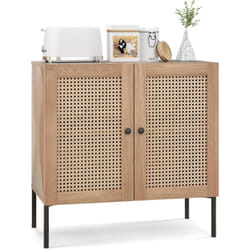 Costway - Armoire de Cuisine 2 Étagères, Buffet 2 Portes Cannage, Étagère Réglable, Pieds en Métal, Meuble de Rangement Bohème pour Salle à Manger,