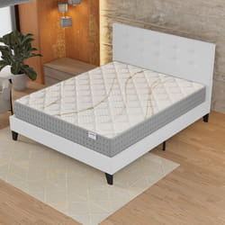 Ensemble MATELAS + LIT (140x190cm)- Essem 25cm Ressorts ensachés & Mousse HDensité + Sommier stable & tête de lit revêtement Blanc