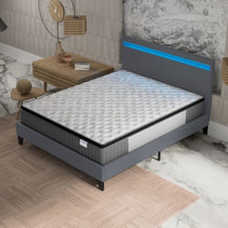 Ensemble MATELAS + LIT (140x200cm)- Elekctra 30cm Ressorts ensachés & Mémoire de forme + Sommier stable & tête de lit LED Gris
