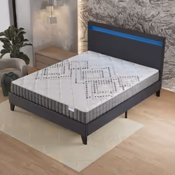 Ensemble MATELAS + LIT (140x190cm)- Eliha 20cm Ressorts ensachés & Mousse HDensité + Sommier stable & tête de lit LED Noir
