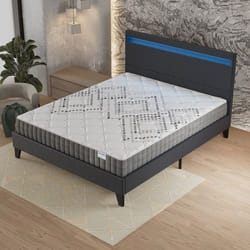 Ensemble MATELAS + LIT (140x190cm)- Eliha 20cm Ressorts ensachés & Mousse HDensité + Sommier stable & tête de lit LED Noir