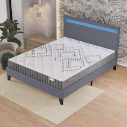 Ensemble MATELAS + LIT (120x190cm)- Eliha 20cm Ressorts ensachés & Mousse HDensité + Sommier stable & tête de lit LED Gris