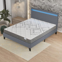 Ensemble MATELAS + LIT (140x200cm)- Eliha 20cm Ressorts ensachés & Mousse HDensité + Sommier stable & tête de lit LED Gris