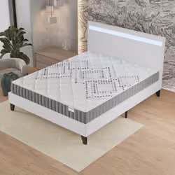 Ensemble MATELAS + LIT (120x190cm)- Eliha 20cm Ressorts ensachés & Mousse HDensité + Sommier stable & tête de lit LED Blanc