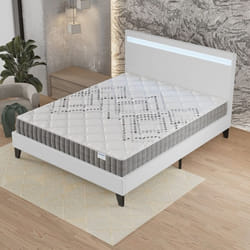 Ensemble MATELAS + LIT (120x190cm)- Eliha 20cm Ressorts ensachés & Mousse HDensité + Sommier stable & tête de lit LED Blanc