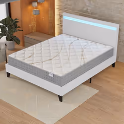 Ensemble MATELAS + LIT (140x190cm)- Essem 25cm Ressorts ensachés & Mousse HDensité + Sommier stable & tête de lit LED Blanc