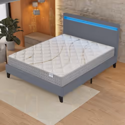 Ensemble MATELAS + LIT (140x190cm)- Essem 25cm Ressorts ensachés & Mousse HDensité + Sommier stable & tête de lit LED Gris