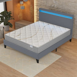 Ensemble MATELAS + LIT (140x190cm)- Essem 25cm Ressorts ensachés & Mousse HDensité + Sommier stable & tête de lit LED Gris