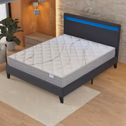 Ensemble MATELAS + LIT (140x190cm)- Essem 25cm Ressorts ensachés & Mousse HDensité + Sommier stable & tête de lit LED Noir