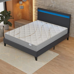 Ensemble MATELAS + LIT (140x190cm)- Essem 25cm Ressorts ensachés & Mousse HDensité + Sommier stable & tête de lit LED Noir