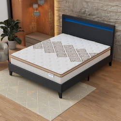 Ensemble MATELAS + LIT (140x200cm)- Errakis 28cm Ressorts ensachés & Mousse HDensité + Sommier stable & tête de lit LED Noir