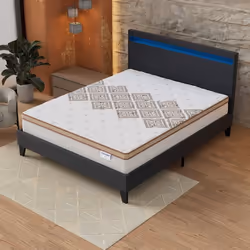 Ensemble MATELAS + LIT (160x200cm)- Errakis 28cm Ressorts ensachés & Mousse HDensité + Sommier stable & tête de lit LED Noir