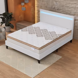 Ensemble MATELAS + LIT (140x190cm)- Errakis 28cm Ressorts ensachés & Mousse HDensité + Sommier stable & tête de lit LED Blanc