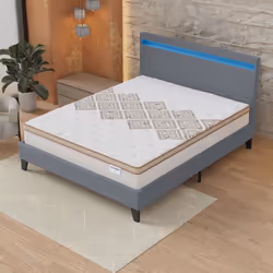 Ensemble MATELAS + LIT (140x190cm)- Errakis 28cm Ressorts ensachés & Mousse HDensité + Sommier stable & tête de lit LED Gris