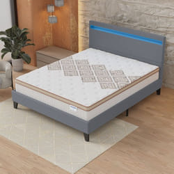 Ensemble MATELAS + LIT (140x190cm)- Errakis 28cm Ressorts ensachés & Mousse HDensité + Sommier stable & tête de lit LED Gris