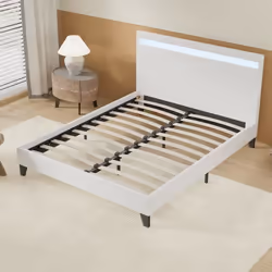 Sensoreve- Lit Double avec sommier et tête de lit LED 120 x 190cm-Blanc- Stable et Robuste- Pieds centraux de Renfort