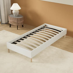 Lit avec sommier 90 x 200cm- Revêtement Tissu Blanc- Stable et Robuste- Pieds centraux de Renfort