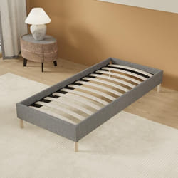 Lit avec sommier 90 x 200cm- Revêtement Tissu Gris- Stable et Robuste- Pieds centraux de Renfort