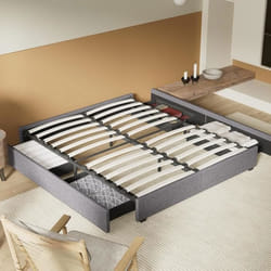 Lit avec Tiroirs de rangement Sommier à lattes bois 8 pieds stables. 4 espaces de rangement sous le lit. 140 x 190 cm tissu Gris