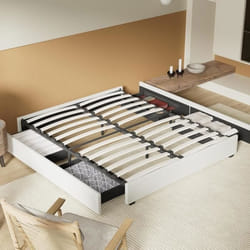 Lit avec Tiroirs de rangement Sommier à lattes bois 8 pieds stables. 4 espaces de rangement sous le lit. 140 x 190 cm tissu