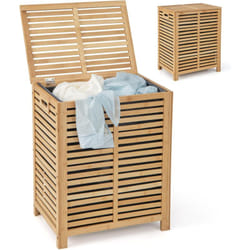 Costway - Panier à Linge 80L, Corbeille à Linge en Bambouavec Couvercle, Sac à Doublure, Poignées et Design de Lattes, 50 x 35 x 62 cm, pour Salle de