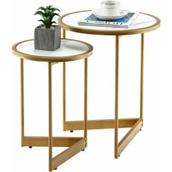 Costway - Lot de 2 Tables Gigognes Rondes, Tables Basses Modernes de 40 cm et 30 cm avec Dessus de Table en Marbre et Structure en Acier Doré, avec