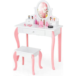 Costway - Coiffeuse avec Tabouret pour Enfants, Table de Maquillage en Bois avec Miroir Pivotant à 360°, 3 Tiroirs et Dessus Amovible, 70 x 33,5 x