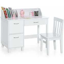 Costway - Bureau Enfants avec Chaise Ergonomique & Niches, Table d'Étude en Bois avec 2 Placards & Tiroir, Dispositif Anti-Basculement, Table