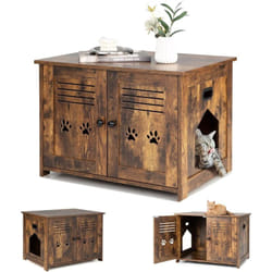 Meuble Litiere Chat avec Portes à Persiennes et 2 poignées découpées Style Industriel, Maison de Toilette Chat Bonne respirabilité, 70 x 52 x 51 cm,