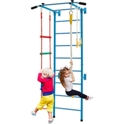 Costway - Ensemble de Barres d'Exercices pour Enfants, avec Échelle Murale, Barre de Traction, Échelle de Corde, Corde et Anneaux de Gymnastique pour