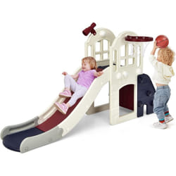 Costway - Toboggan 6 en 1 pour Enfant - Glisse de 140 cm - avec Panier de Basket, Escalade, Lancer d'Anneaux et Télescope,Toboggan Intérieure,Aire de